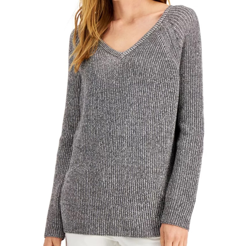 Eileen Fisher V-Neck Raglan Sleeve Sweater Heather Gray Organic Cotton Tencel 2X